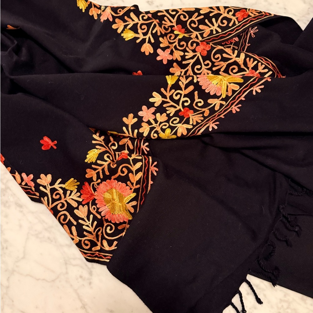 Embroidered Black Shawl with Floral Design